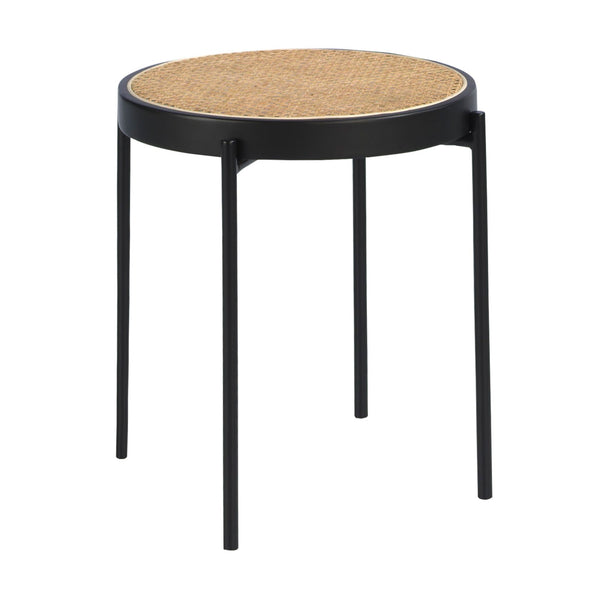 Round side table in wicker, black wood and black steel