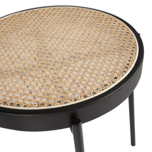 Round side table in wicker, black wood and black steel