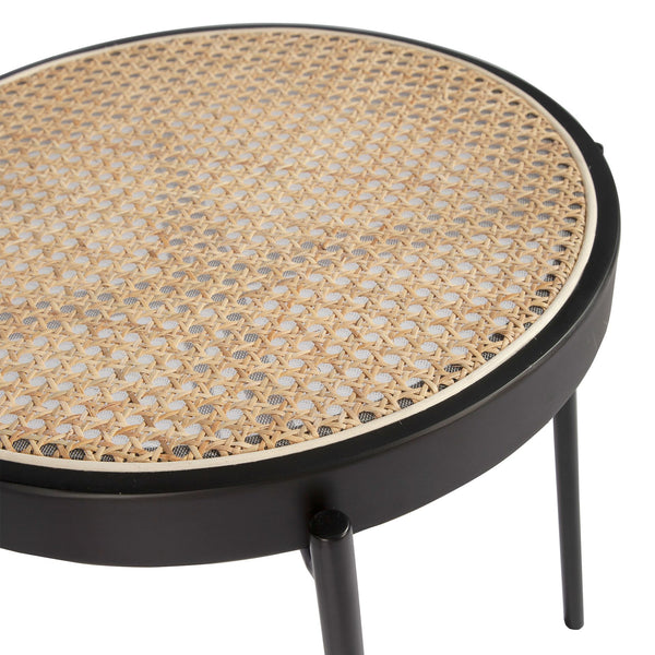 Round side table in wicker, black wood and black steel