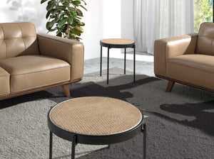 Round side table in wicker, black wood and black steel