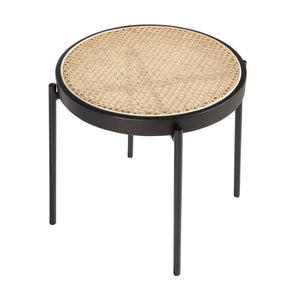 Round side table in wicker, black wood and black steel