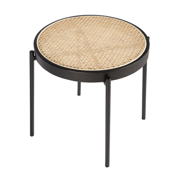 Round side table in wicker, black wood and black steel