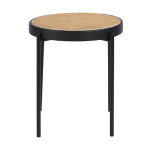 Round side table in wicker, black wood and black steel