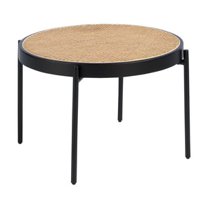 Round coffee table in rattan, black wood and black steel