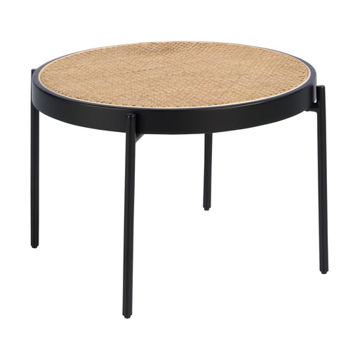 Round coffee table in rattan, black wood and black steel