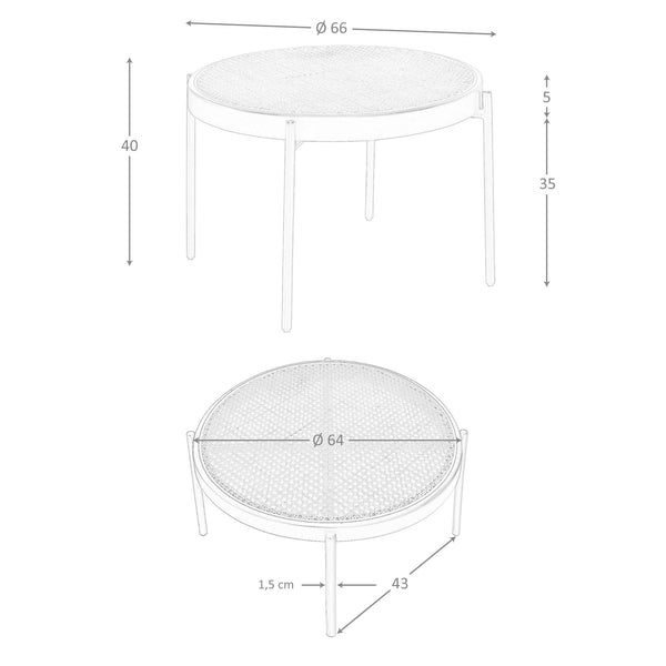 Round coffee table in rattan, black wood and black steel