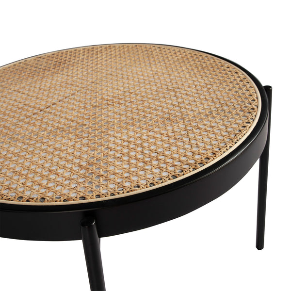Round coffee table in rattan, black wood and black steel