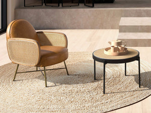 Round coffee table in rattan, black wood and black steel