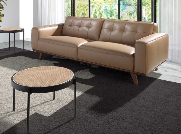 Round coffee table in rattan, black wood and black steel