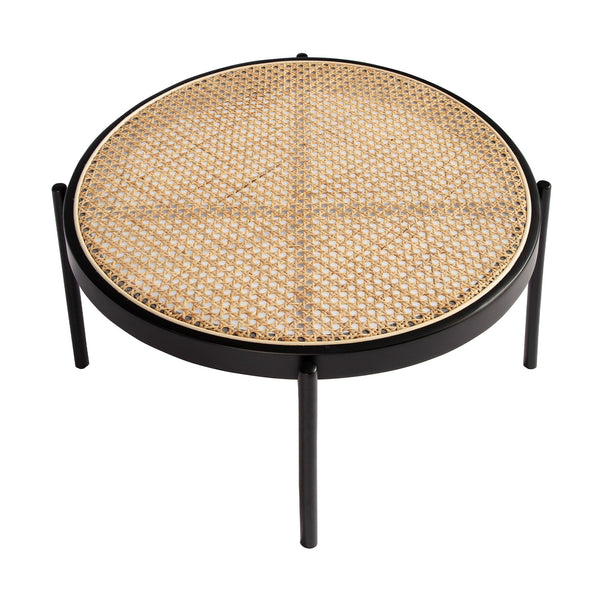 Round coffee table in rattan, black wood and black steel