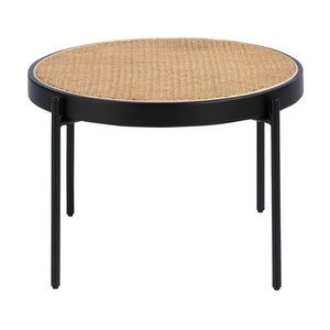 Round coffee table in rattan, black wood and black steel