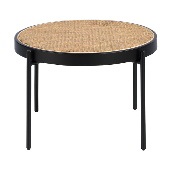Round coffee table in rattan, black wood and black steel