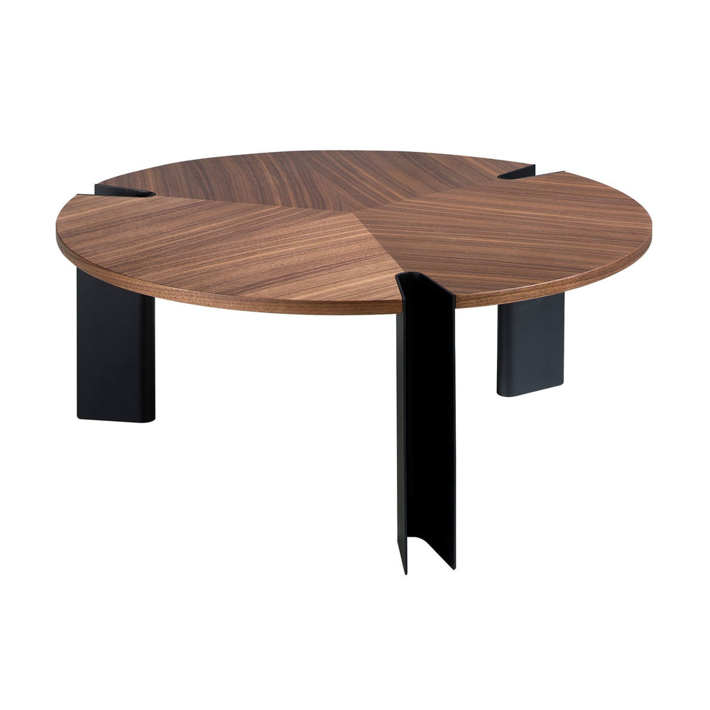 Round coffee table in walnut and black steel
