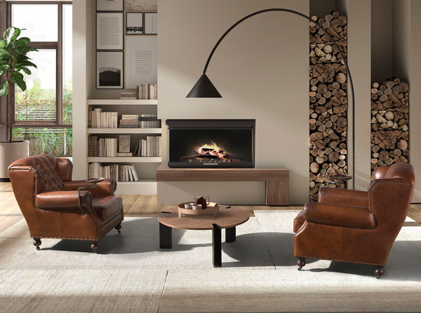 Round coffee table in walnut and black steel