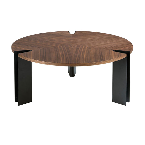 Round coffee table in walnut and black steel
