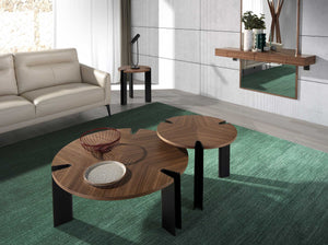 Round coffee table in walnut and black steel