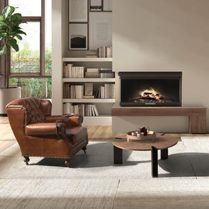Round coffee table in walnut and black steel