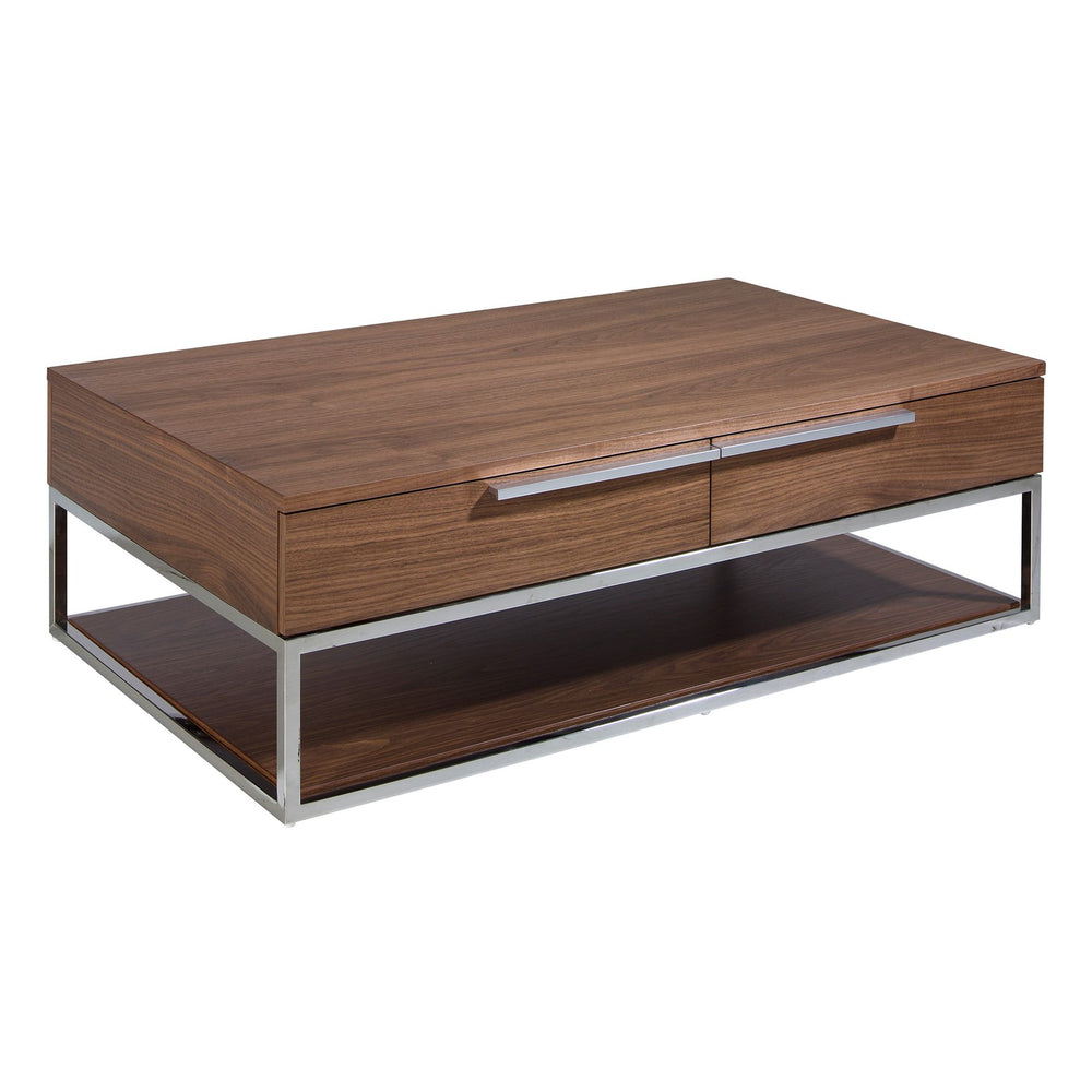 Rectangular coffee table in walnut and chromed steel