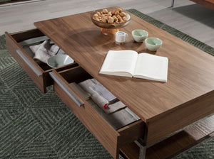 Rectangular coffee table in walnut and chromed steel