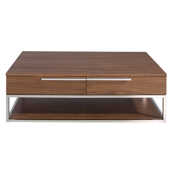 Rectangular coffee table in walnut and chromed steel