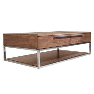 Rectangular coffee table in walnut and chromed steel