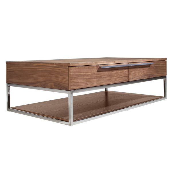 Rectangular coffee table in walnut and chromed steel