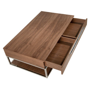 Rectangular coffee table in walnut and chromed steel