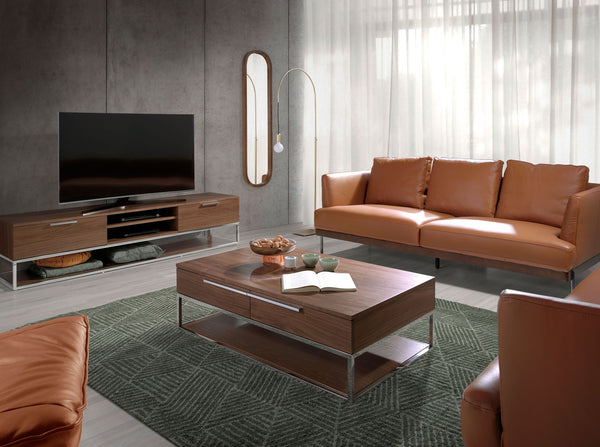 Rectangular coffee table in walnut and chromed steel
