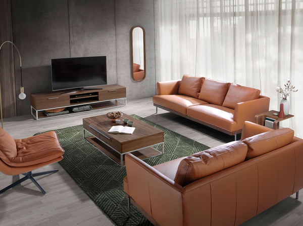 Rectangular coffee table in walnut and chromed steel