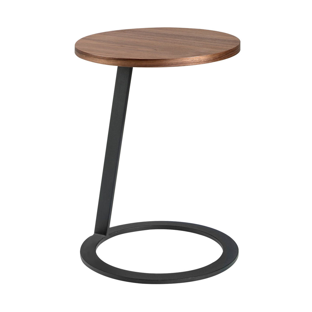 Round corner table in walnut and black steel
