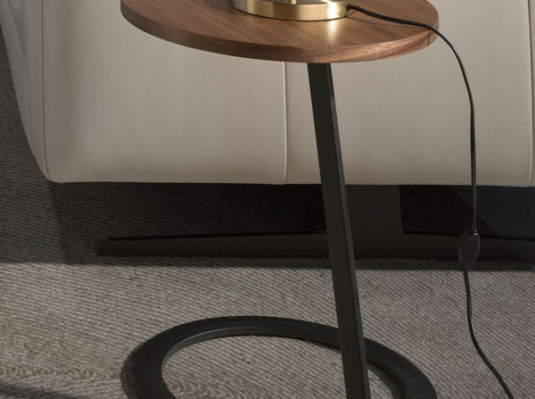 Round corner table in walnut and black steel