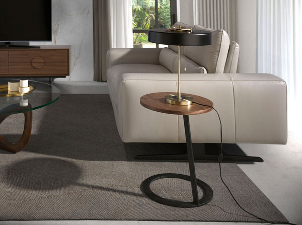 Round corner table in walnut and black steel
