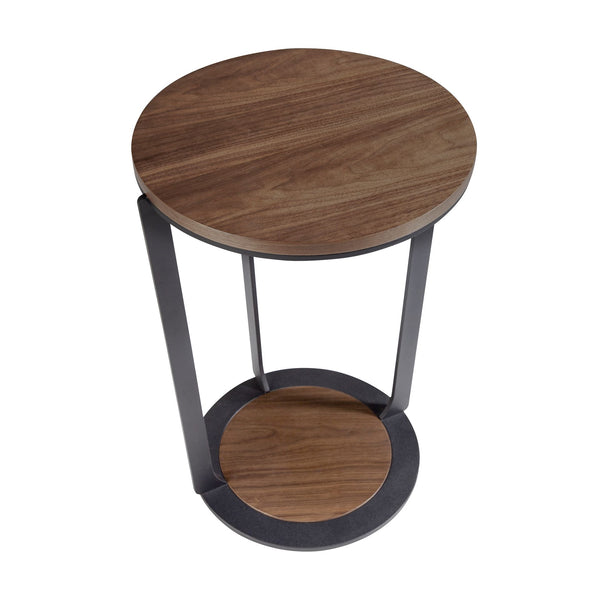Round corner table in walnut and black steel