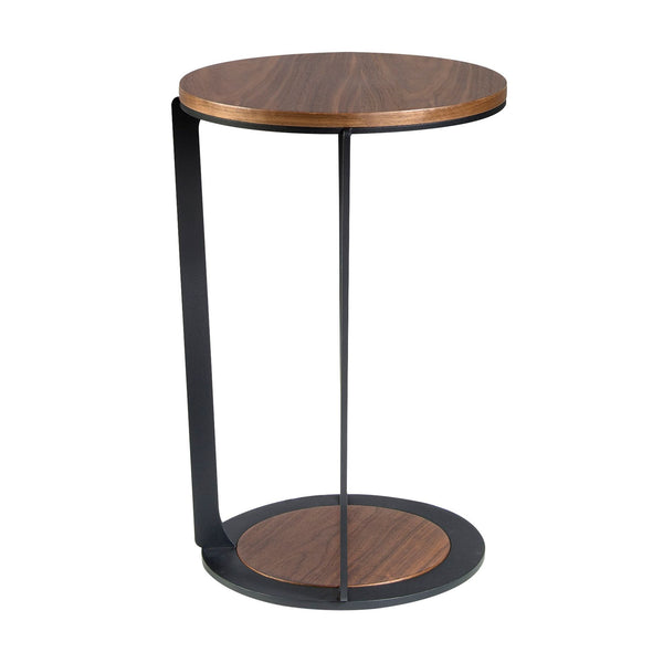 Round corner table in walnut and black steel