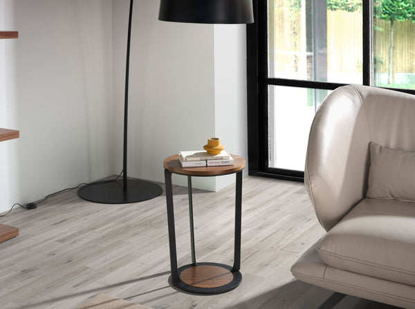 Round corner table in walnut and black steel