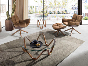 Round coffee table in tempered glass and walnut