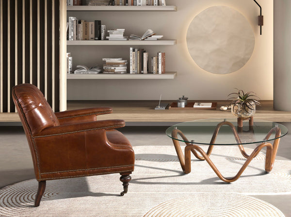 Round coffee table in tempered glass and walnut
