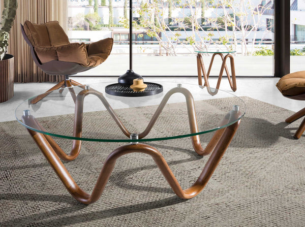 Round coffee table in tempered glass and walnut