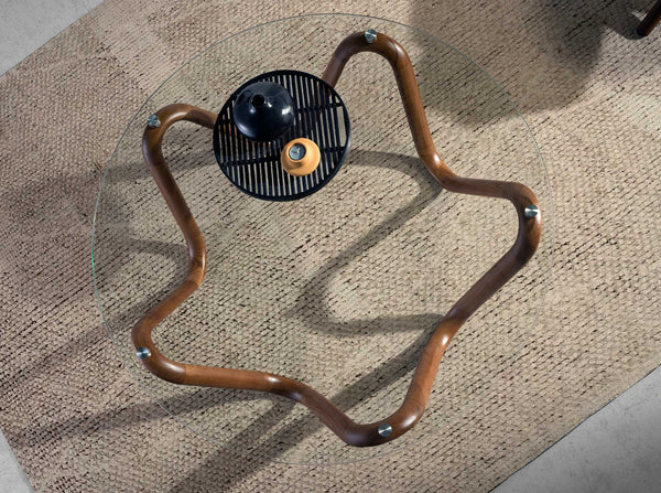Round coffee table in tempered glass and walnut