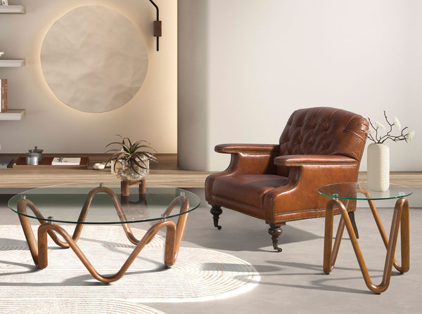 Round coffee table in tempered glass and walnut