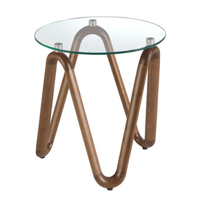 Round tempered glass and walnut side table