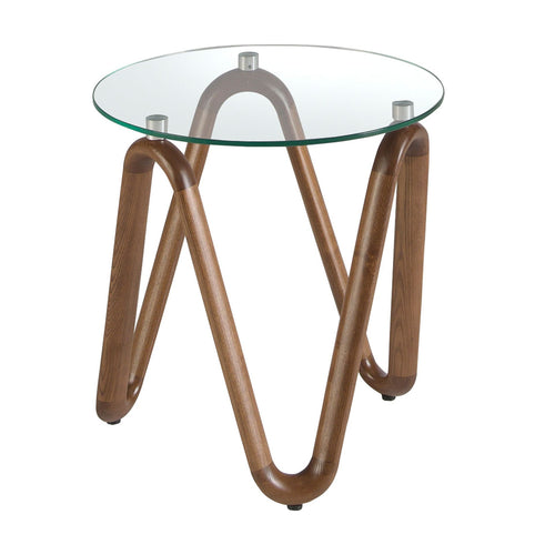 Round tempered glass and walnut side table