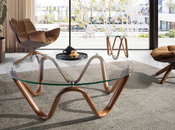 Round tempered glass and walnut side table