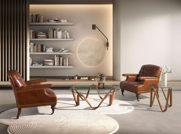 Round tempered glass and walnut side table