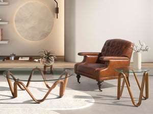 Round tempered glass and walnut side table