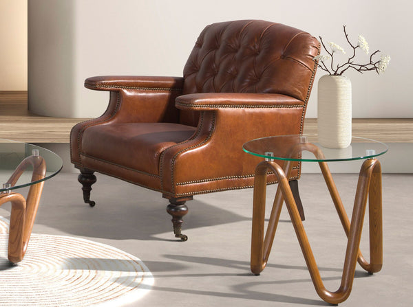 Round tempered glass and walnut side table