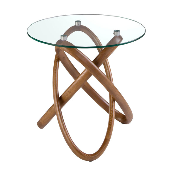 Round side table in tempered glass and walnut