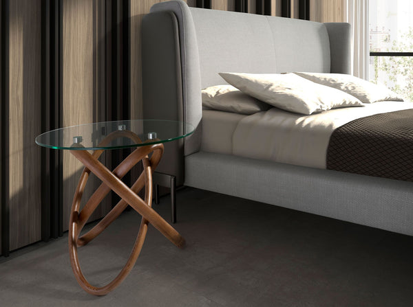 Round side table in tempered glass and walnut
