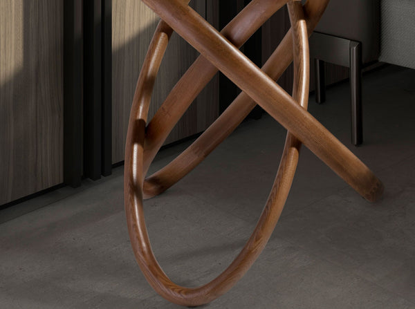 Round side table in tempered glass and walnut