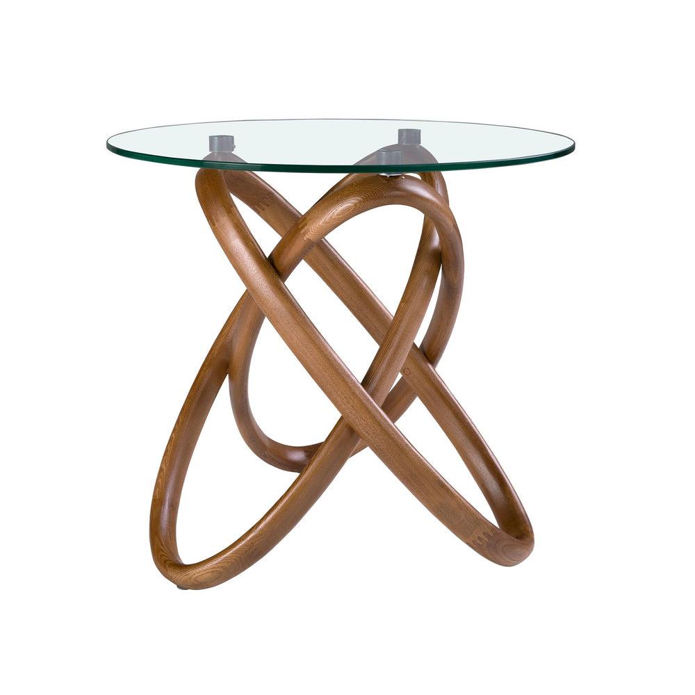 Round side table in tempered glass and walnut